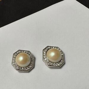 Nina Ricci Faux Pearl Silver Tone Rhinestone Clip On Earrings Signed